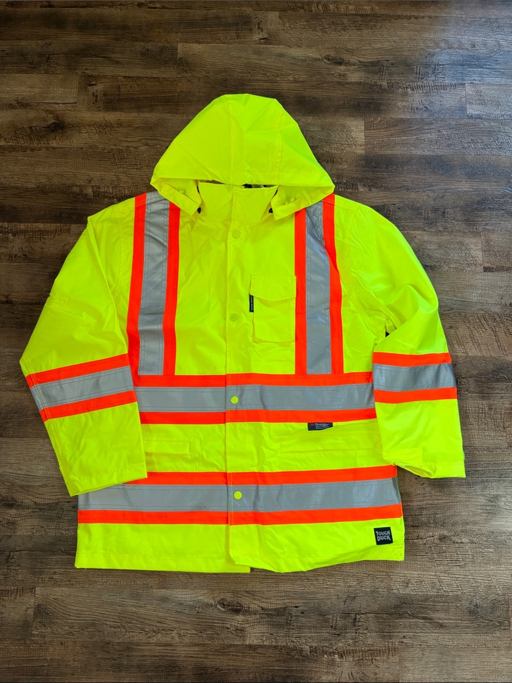 NWT Tough Duck High-Visibility Yellow Safety Rain Jacket with Reflective Stripes